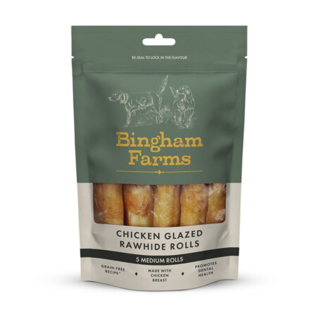Bingham Farms Chicken Glazed Rawhide Roll Med 5pk 90g Bingham Farms Chicken Glazed Rawhide Roll Med 5pk 90g