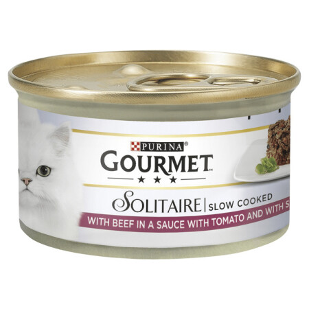 Gourmet Solitaire Adult Wet Cat Food Can With Beef In Tomato Sauce 85g x 12 Gourmet Solitaire Adult Wet Cat Food Can With Beef In Tomato Sauce 85g x 12