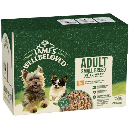James Wellbeloved Adult Wet Dog Food Small Breed Turkey & Rice Pouch 12x90g James Wellbeloved Adult Wet Dog Food Small Breed Turkey & Rice Pouch 12x90g