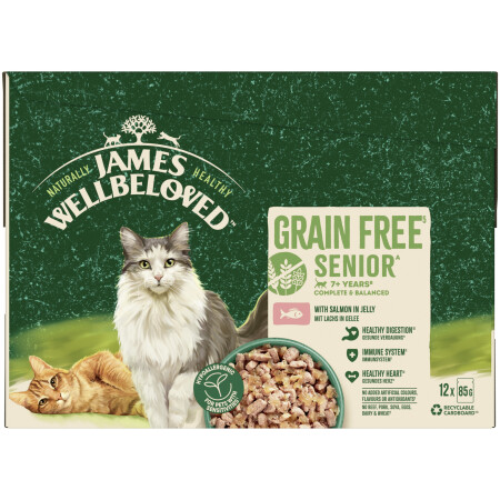 James Wellbeloved Grain Free Senior 7+ Cat Wet Food Pouch Salmon in Jelly 12x85g James Wellbeloved Grain Free Senior 7+ Cat Wet Food Pouch Salmon in Jelly 12x85g