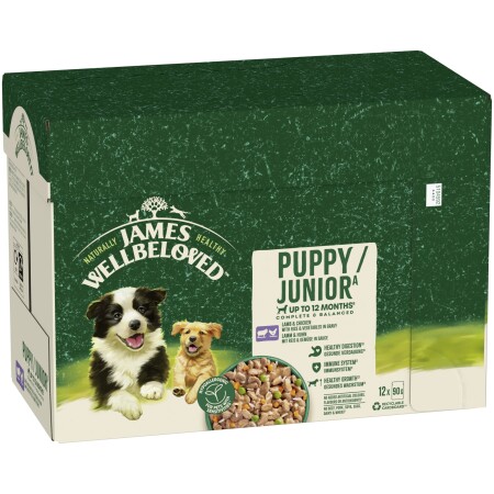 James Wellbeloved Puppy Wet Dog Food Lamb Chicken Rice Gravy Pouch 12x90g James Wellbeloved Puppy Wet Dog Food Lamb Chicken Rice Gravy Pouch 12x90g