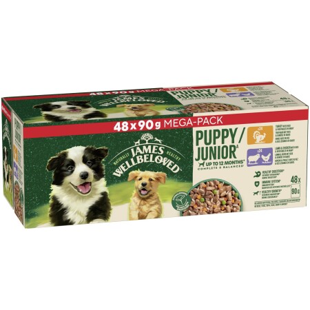 James Wellbeloved Puppy Wet Dog Food in Gravy Variety Pack Pouch 48x90g James Wellbeloved Puppy Wet Dog Food in Gravy Variety Pack Pouch 48x90g