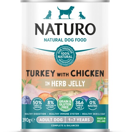 Naturo Adult Turkey & Chicken Dog Wet Food In Jelly Can 390g x 12 Naturo Adult Turkey & Chicken Dog Wet Food In Jelly Can 390g x 12