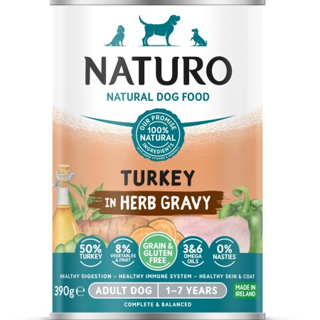 Naturo Adult Wet Dog Food Turkey In Gravy Can 390g x 12 Naturo Adult Wet Dog Food Turkey In Gravy Can 390g x 12