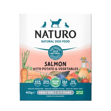Naturo Grain Free Adult Wet Dog Food  Salmon & Potato With Veg Tray 400g x 7 Naturo Grain Free Adult Wet Dog Food  Salmon & Potato With Veg Tray 400g x 7