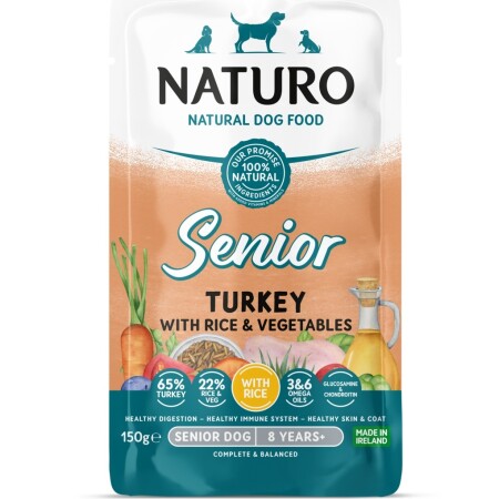 Naturo Senior/Mature Wet Dog Food Turkey with Rice & Vegetables 150g Pouch x 8 Naturo Senior/Mature Wet Dog Food Turkey with Rice & Vegetables 150g Pouch x 8