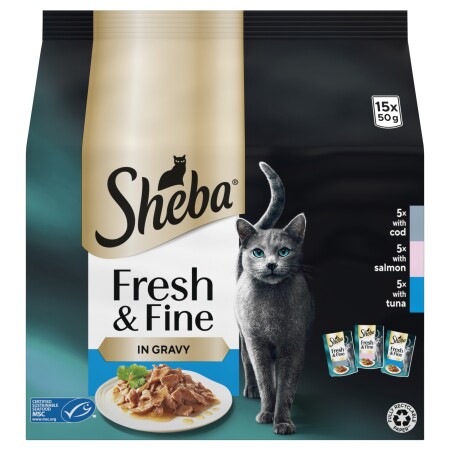 SHEBA Fresh & Fine Wet Cat Food Pouch Fish in Gravy 15 x 50g SHEBA Fresh & Fine Wet Cat Food Pouch Fish in Gravy 15 x 50g