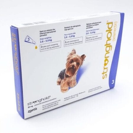 Stronghold Spot On for Dogs Pack of 3 30mg Toy Dog 2.6-5kg Stronghold Spot On for Dogs Pack of 3 30mg Toy Dog 2.6-5kg