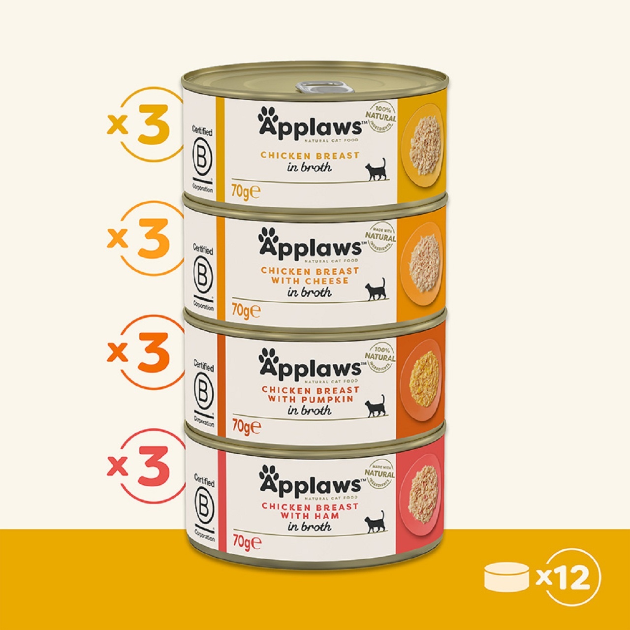 Applaws Adult Wet Cat Food Tin Chicken Selection in Broth Multi Pack 12x70g