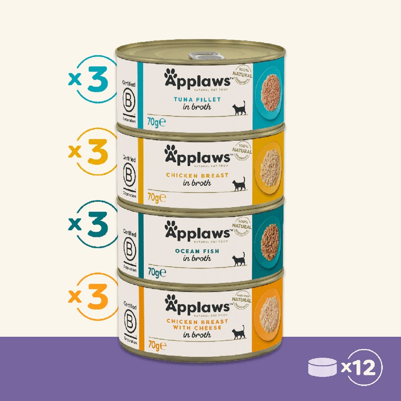 Applaws Adult Wet Cat Food Tin Supreme Selection in Broth Multi Pack 12x70g