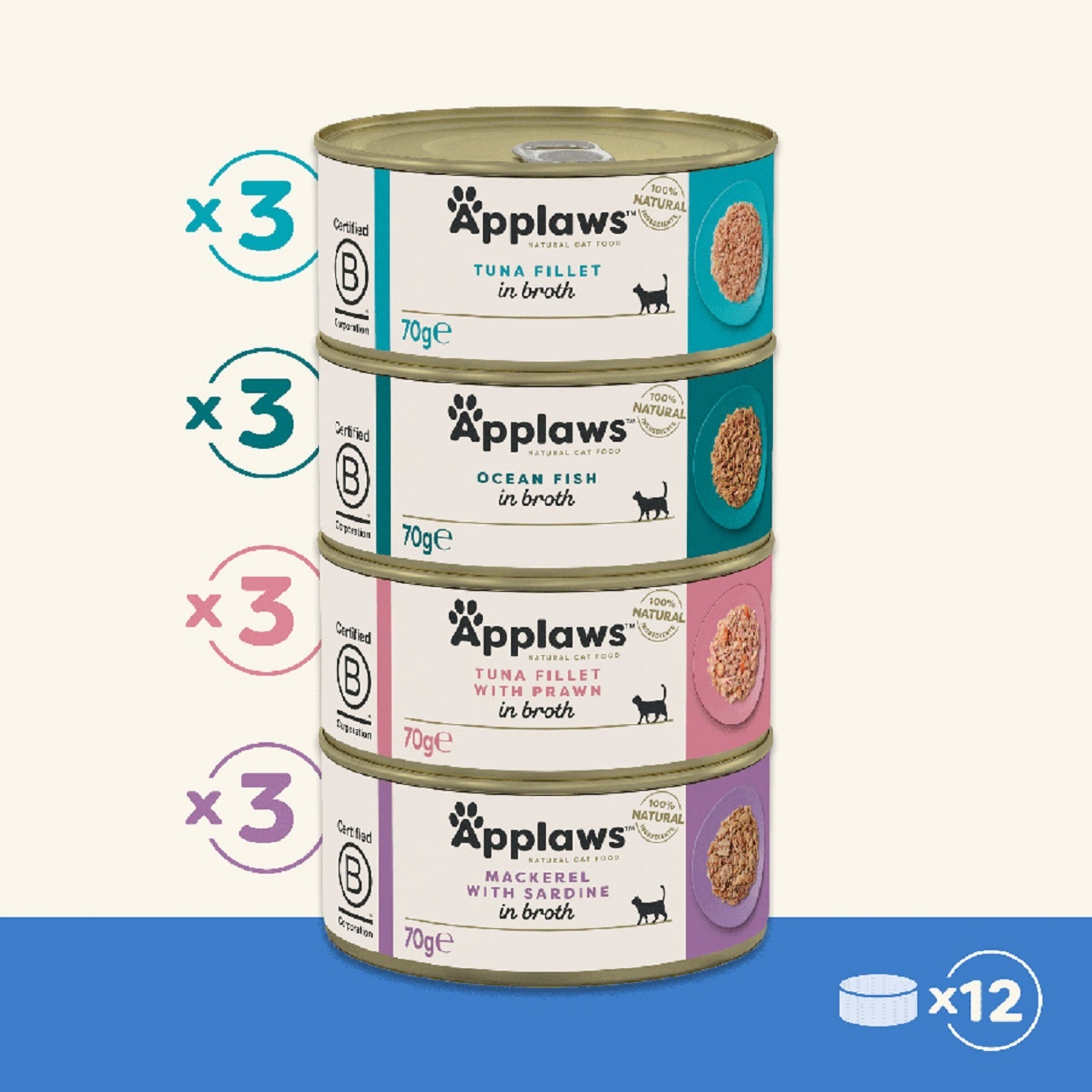Applaws Adult Wet Cat Food Tin Tuna & Fish in Broth Selection Multi Pack 12x70g