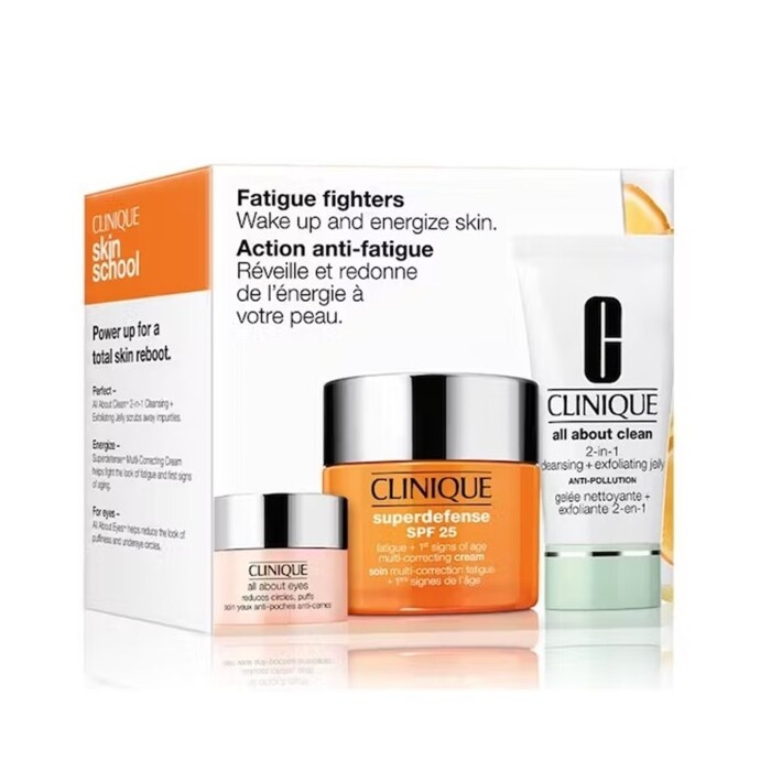clinique set fatigue fighters all about clean 2in1 jelly + superdefense spf25 mu