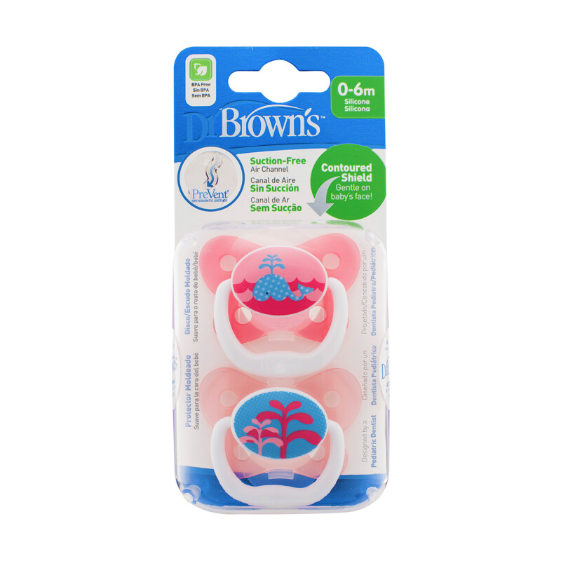 Dr Brown's Prevent Soother 0-6month Pink Twin Pack