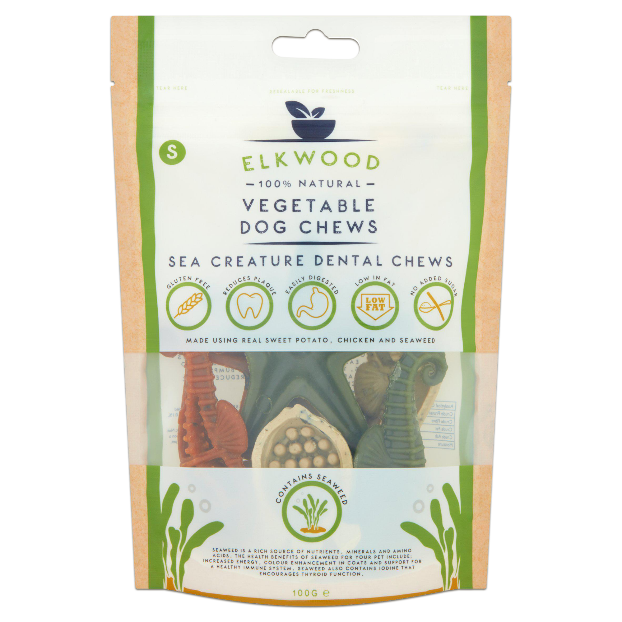 Elkwood Dental Dog ChewsVegetable Sea Creatures -  Seaweed Small 7pc 100g