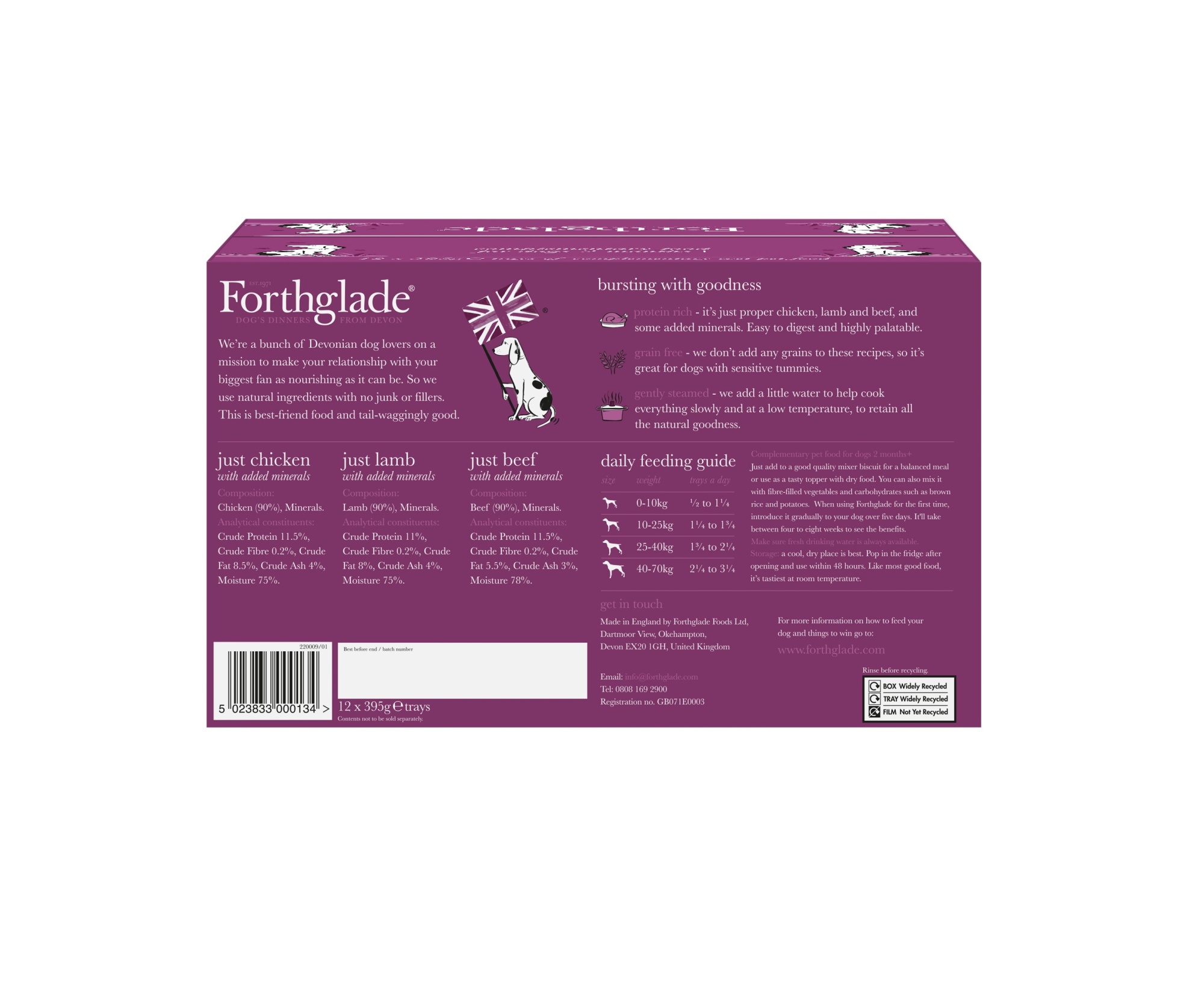 Forthglade Adult Dog Grain Free Just 90% Chicken Lamb & Beef 395g 12pk