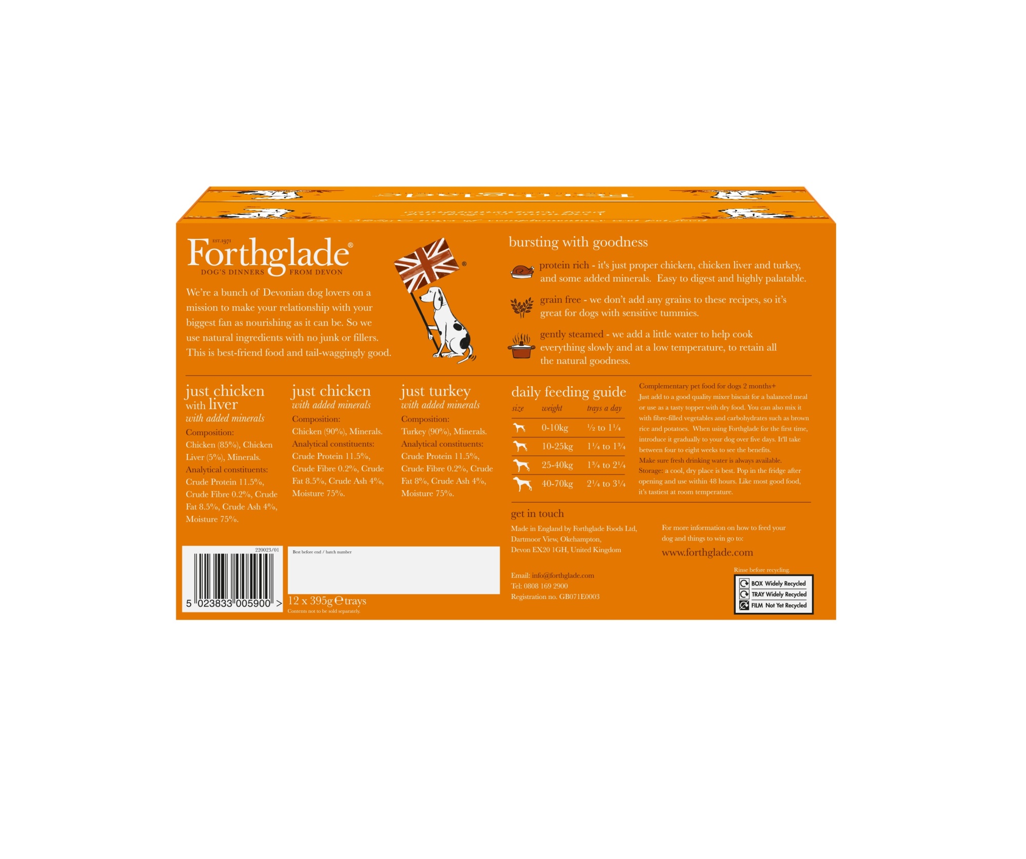 Forthglade Adult Dog Grain Free Just 90% Chicken Turkey Liver 395g 12pk