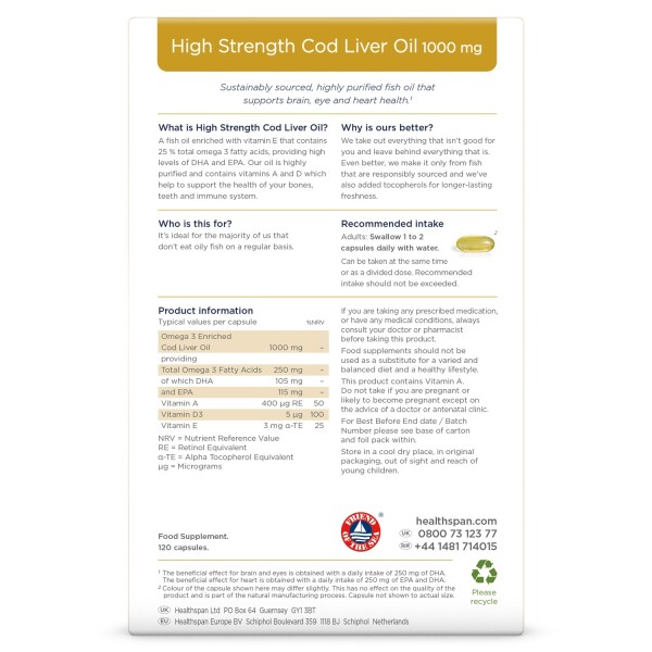 Healthspan High Strength Cod Liver Oil - 1,000mg
