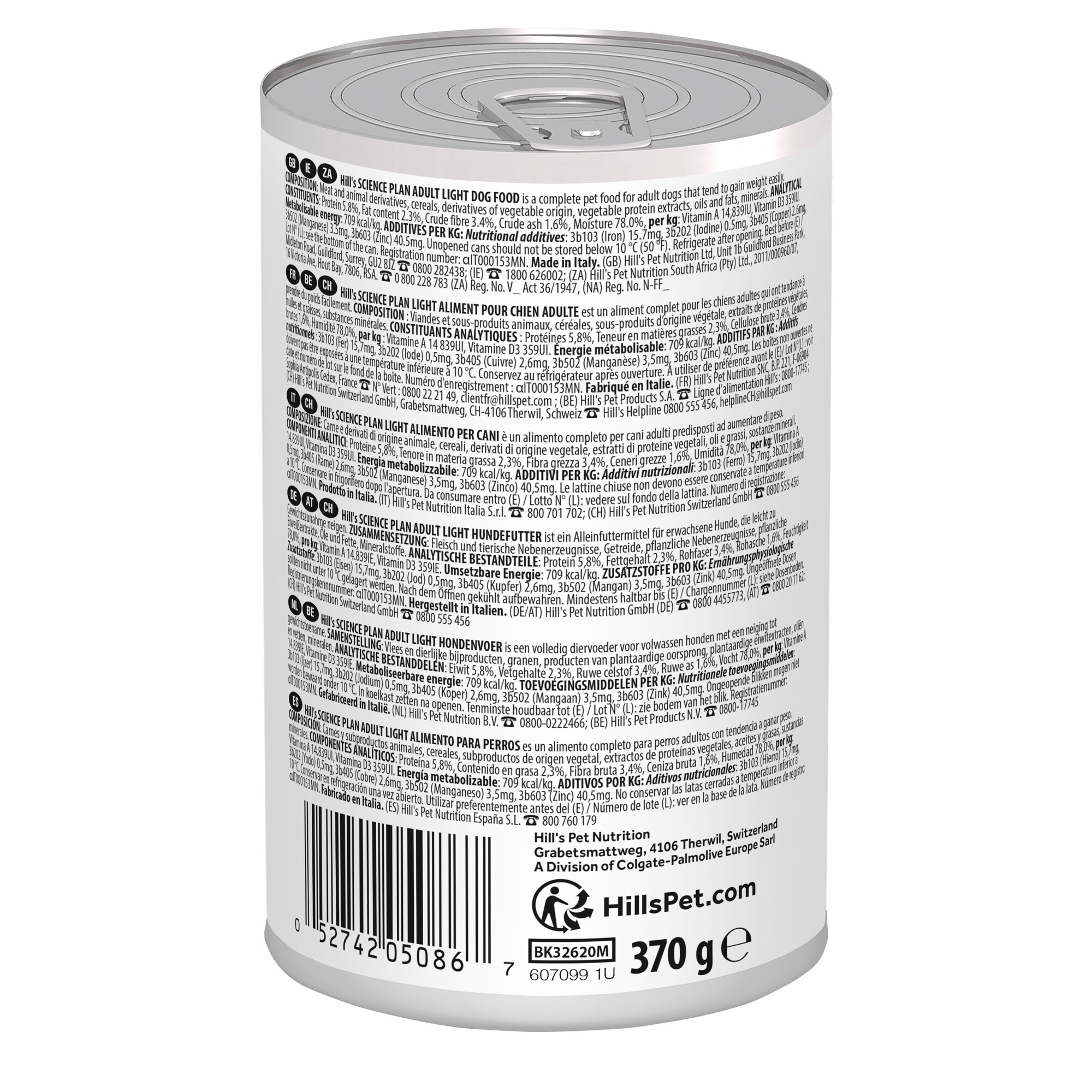 Hill's Science Plan Light Adult Medium Wet Dog Food 12x370g Can