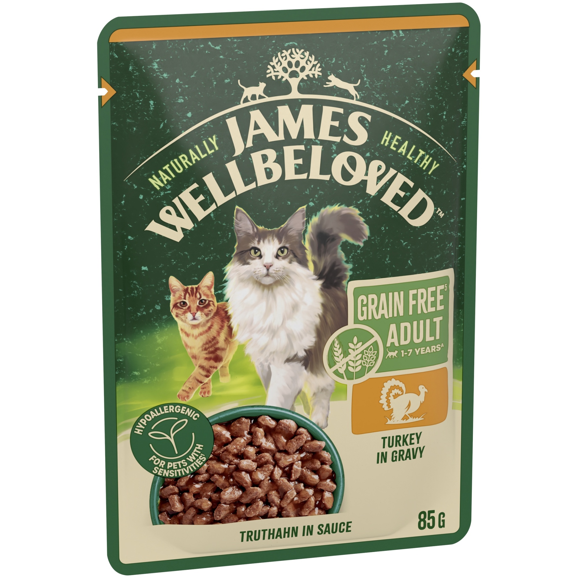 James Wellbeloved Grain Free Adult Cat Wet Food Pouch Turkey in Gravy 12x85g