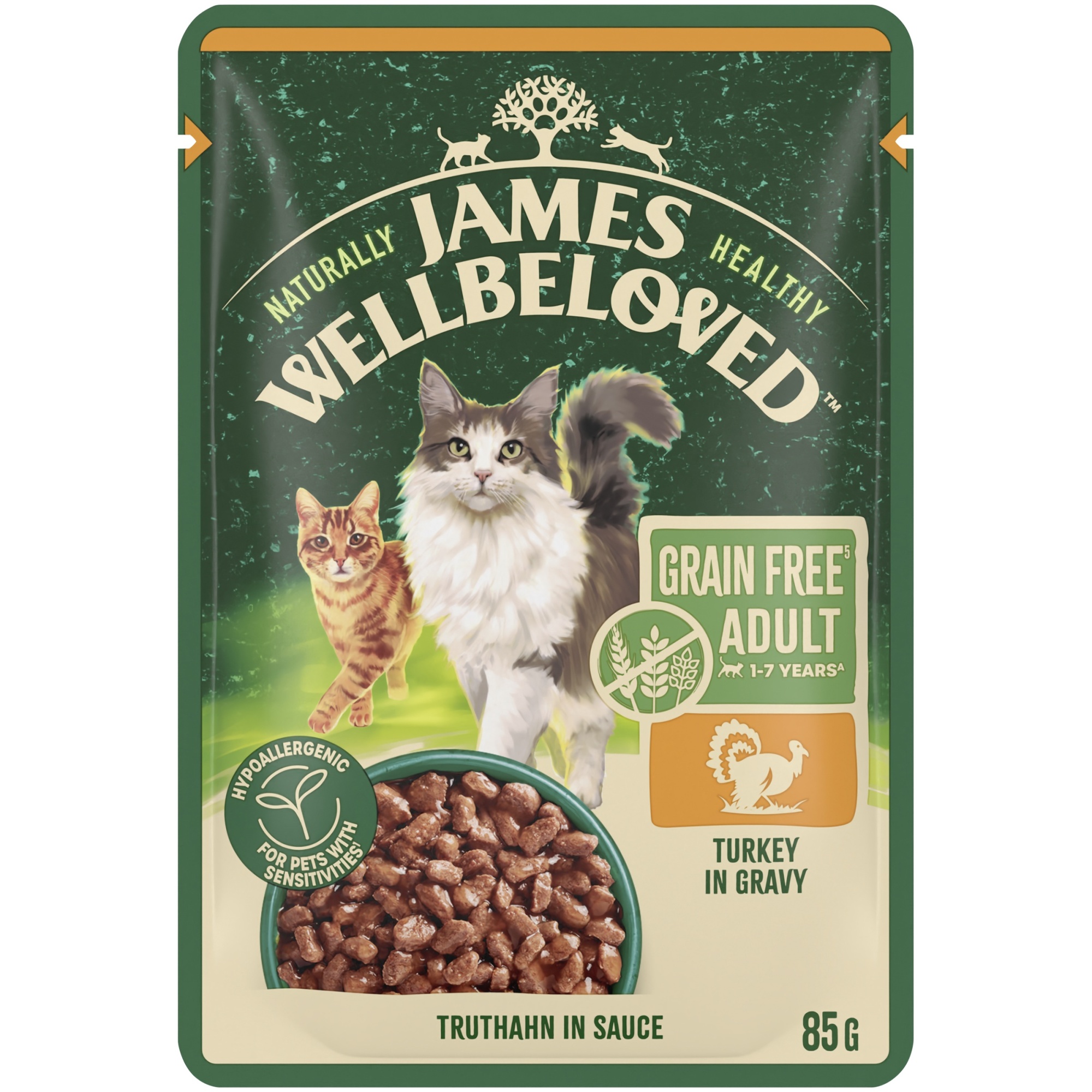 James Wellbeloved Grain Free Adult Cat Wet Food Pouch Turkey in Gravy 12x85g