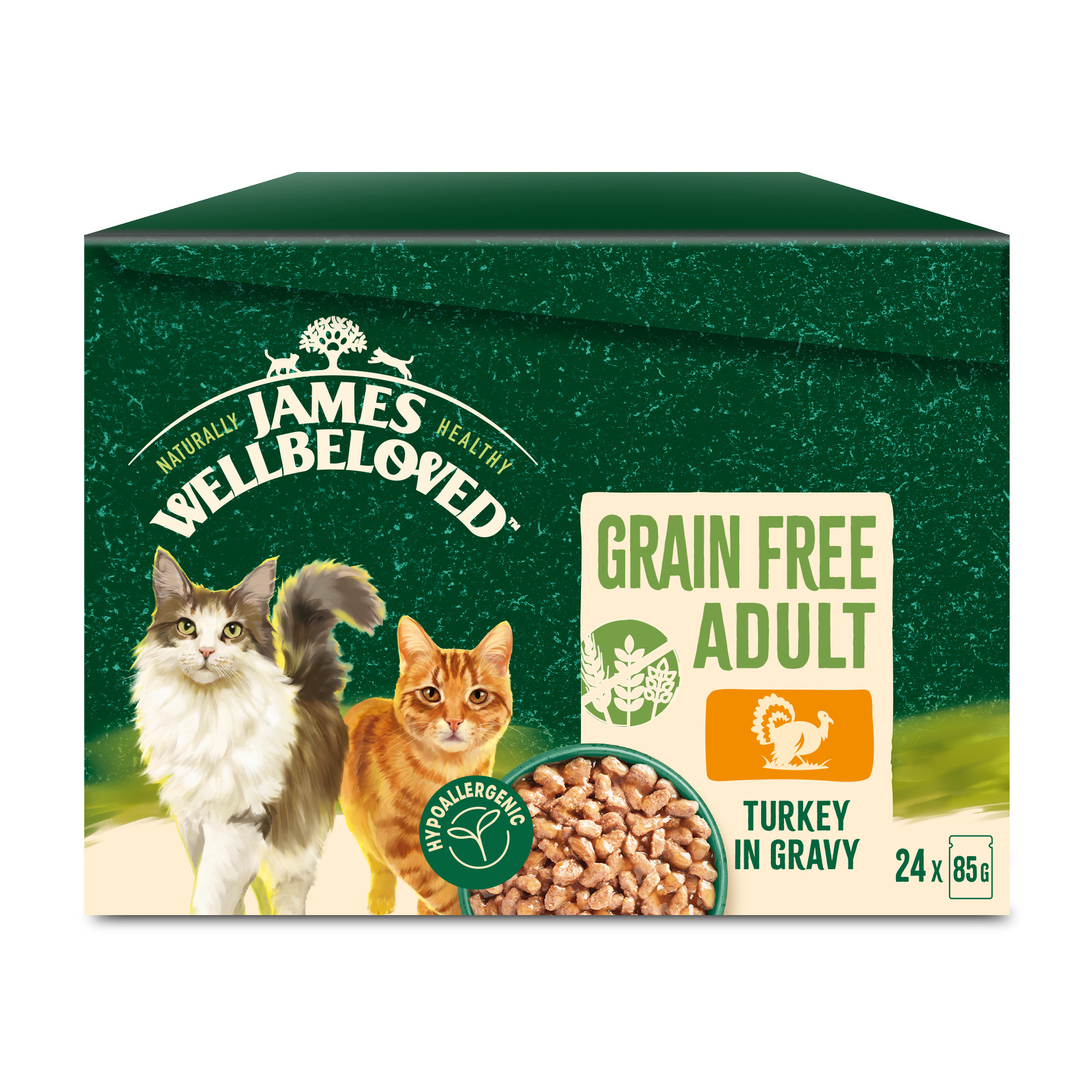 James Wellbeloved Grain Free Adult Cat Wet Food Pouch Turkey in Gravy 24x85g