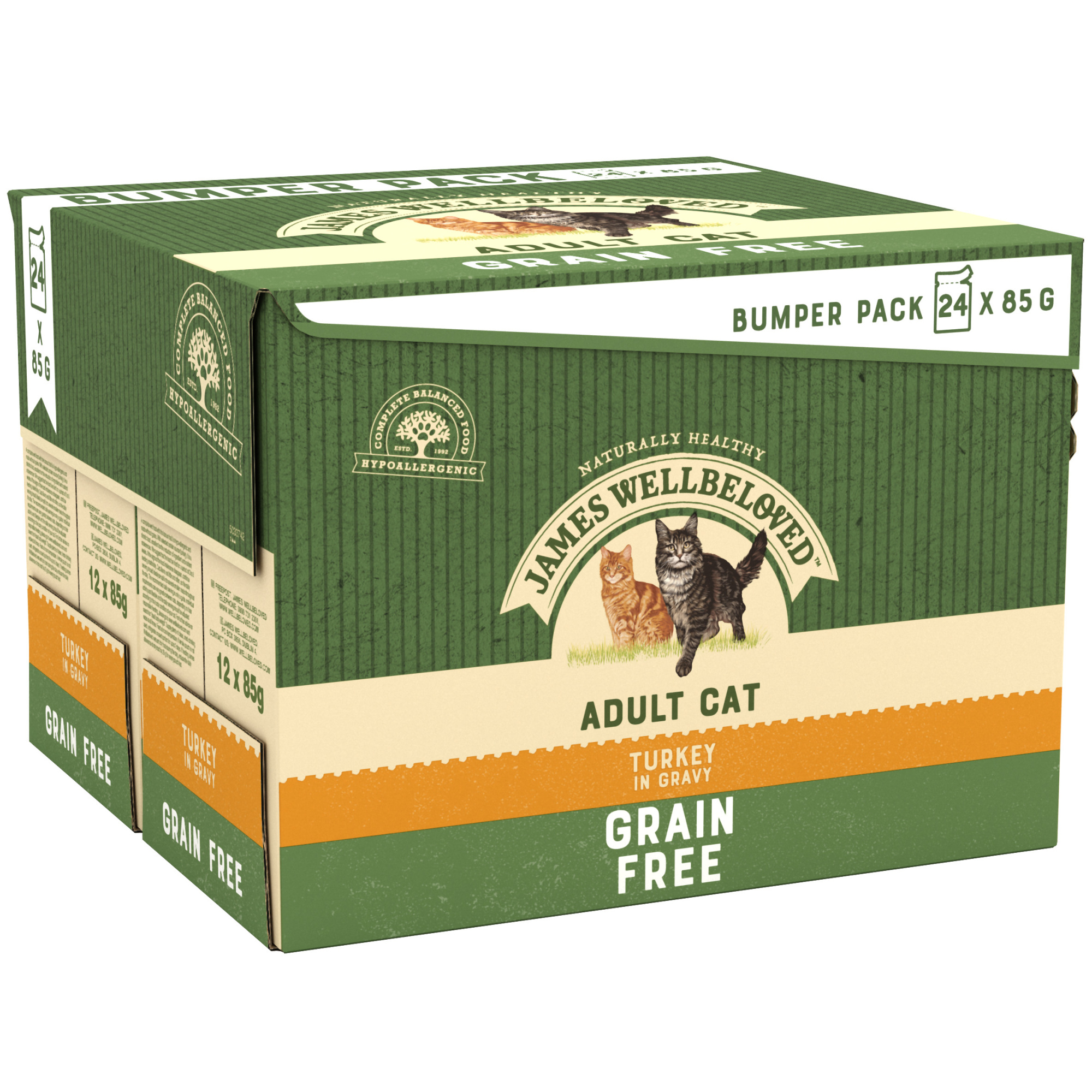 James Wellbeloved Grain Free Adult Cat Wet Food Pouch Turkey in Gravy 24x85g