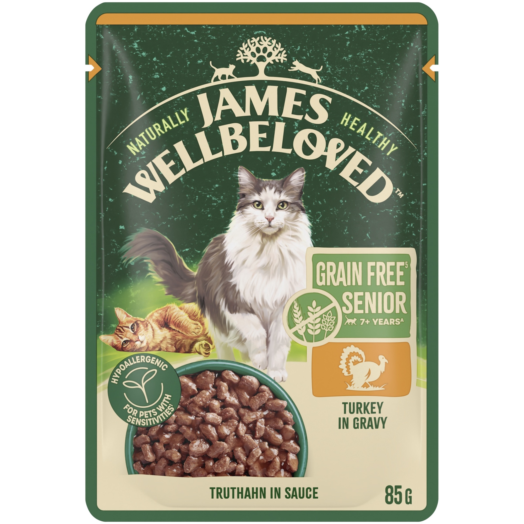 James Wellbeloved Grain Free Senior Cat Wet Food Pouch Turkey in Gravy 12x85g