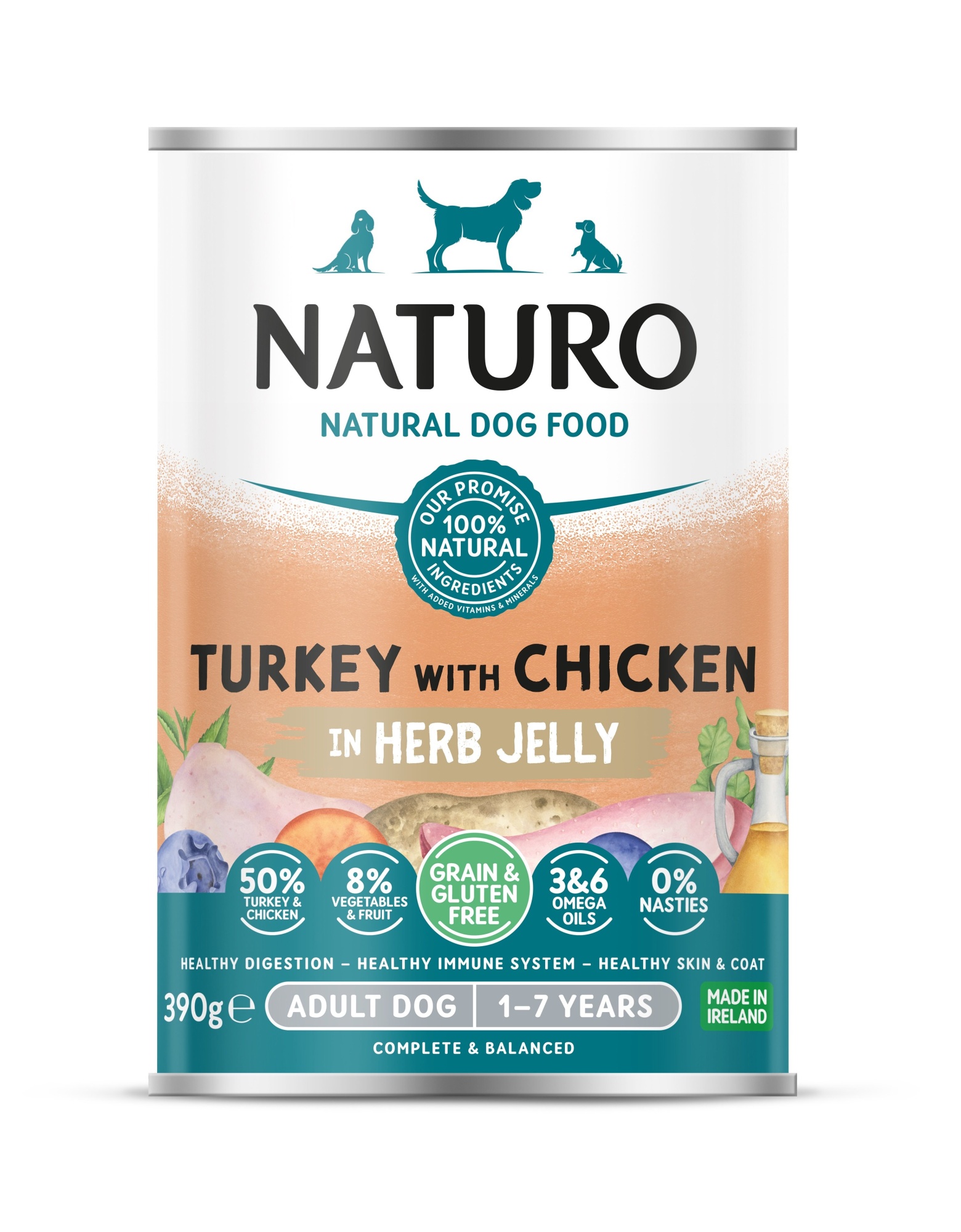 Naturo Adult Turkey & Chicken Dog Wet Food In Jelly Can 390g x 12