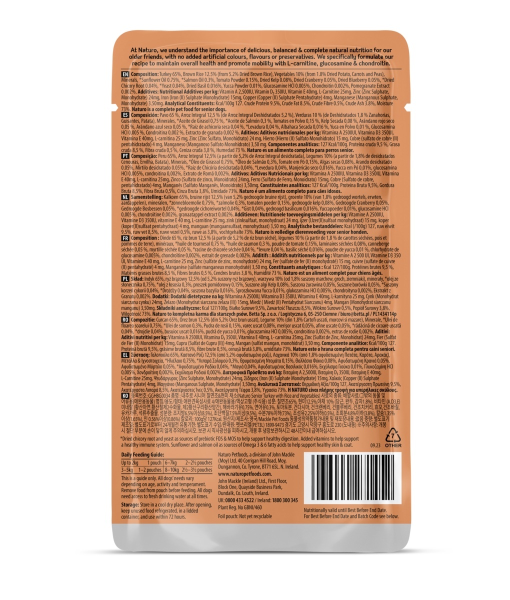Naturo Senior/Mature Wet Dog Food Turkey with Rice & Vegetables 150g Pouch x 8