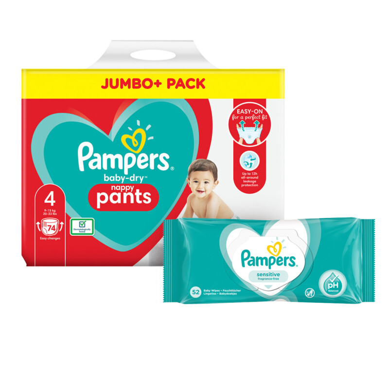 Pampers Baby Dry Pants Size 4 Jumbo Pack & Wipes Bundle