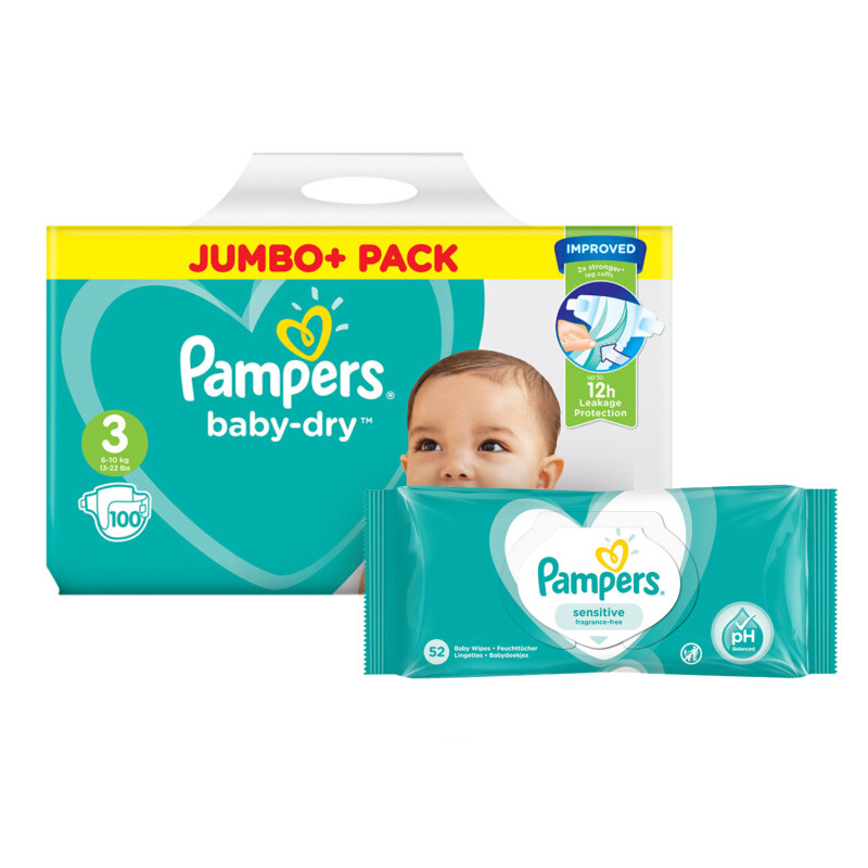 Pampers Baby Dry Size 3 Jumbo Pack & Wipes Bundle
