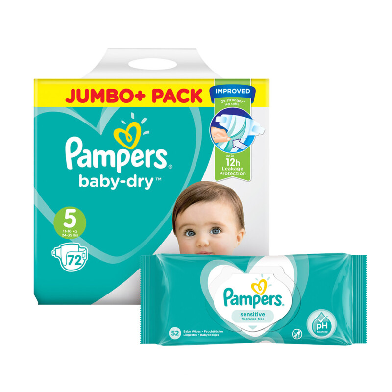 Pampers Baby Dry Size 5 Jumbo Pack & Wipes