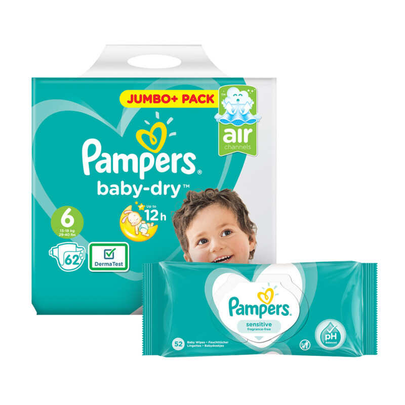 Pampers Baby Dry Size 6 Jumbo Pack & Wipes Bundle