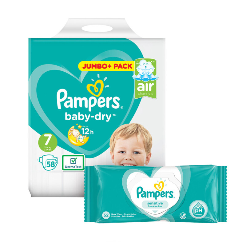 Pampers Baby Dry Size 7 Jumbo Pack & Wipes Bundle