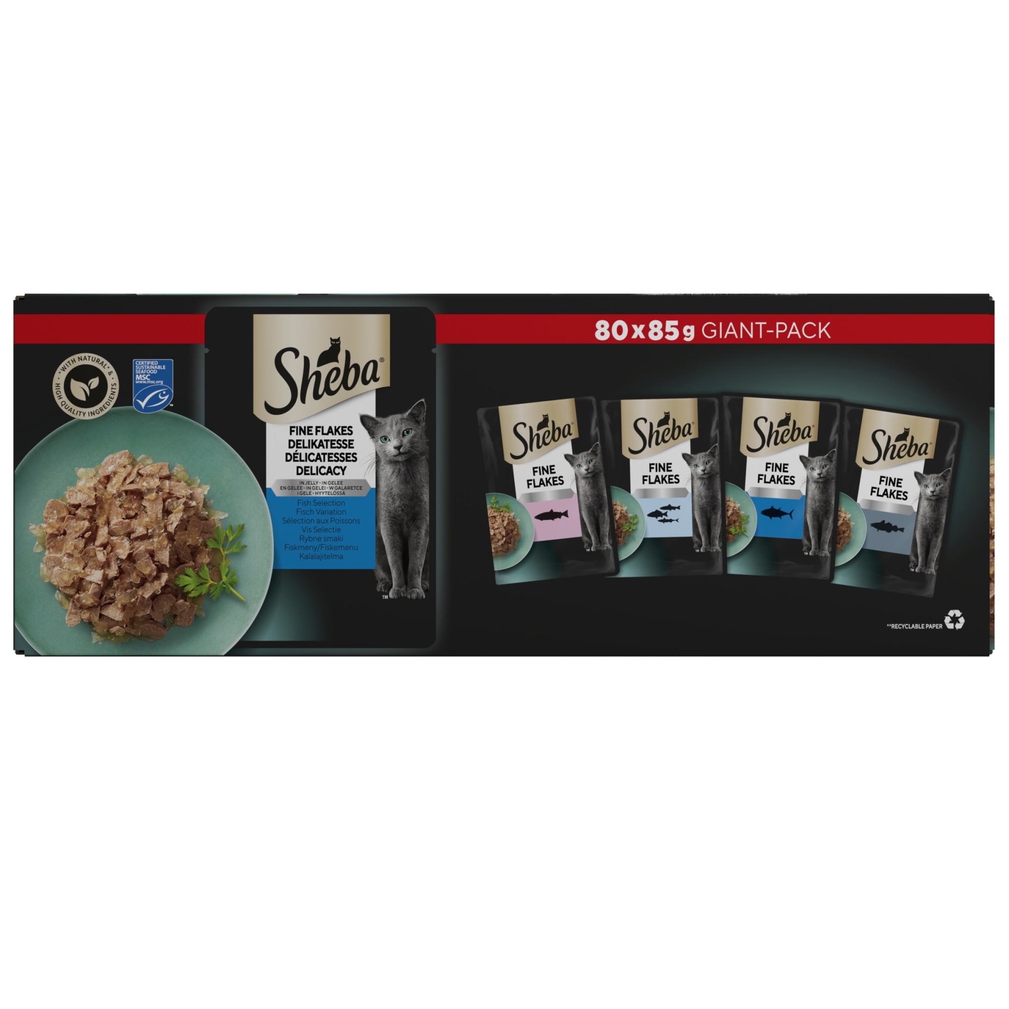 SHEBA Fine Flakes Cat Food Pouch Fish in Jelly Giant Pack 80 x 85g