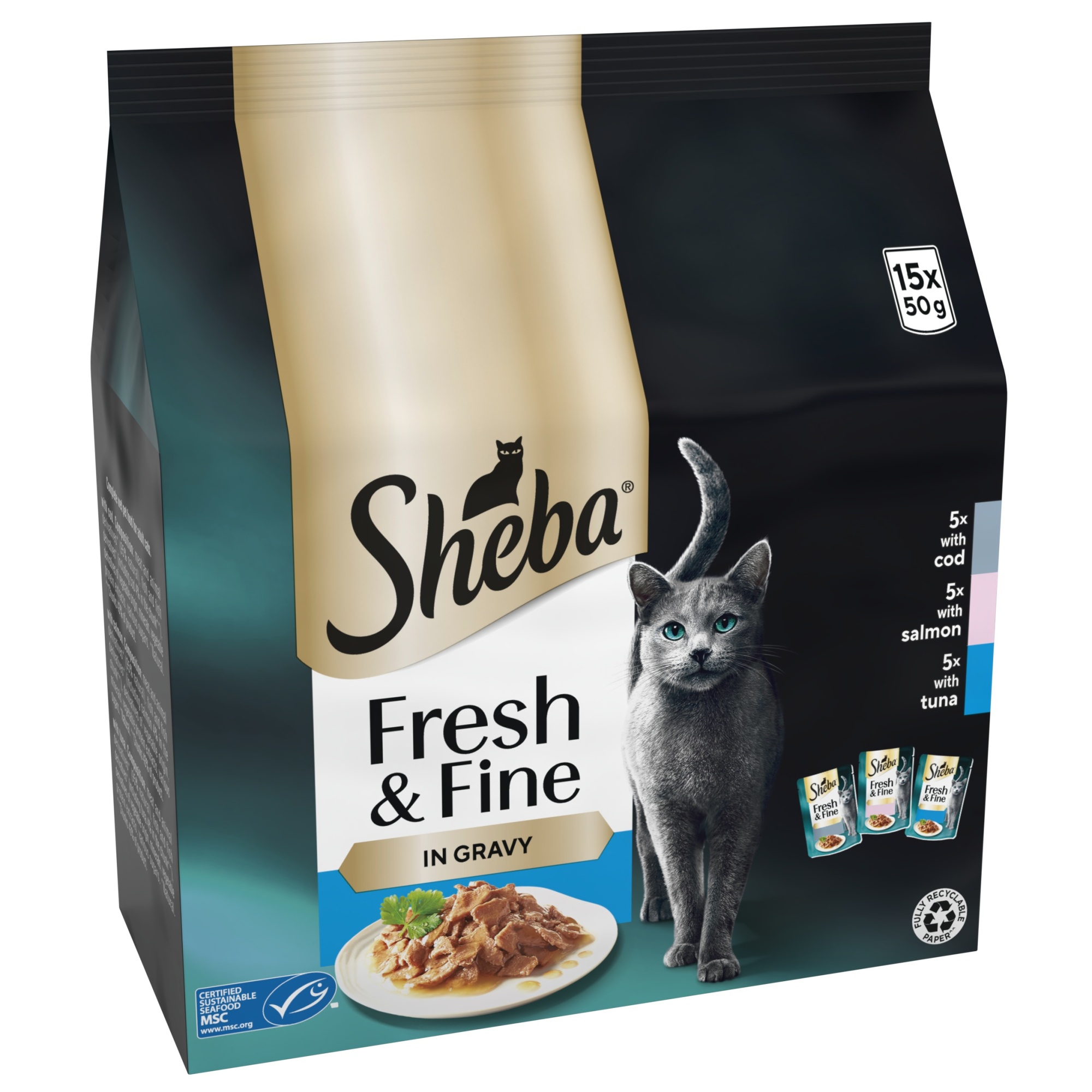 SHEBA Fresh & Fine Wet Cat Food Pouch Fish in Gravy 15 x 50g