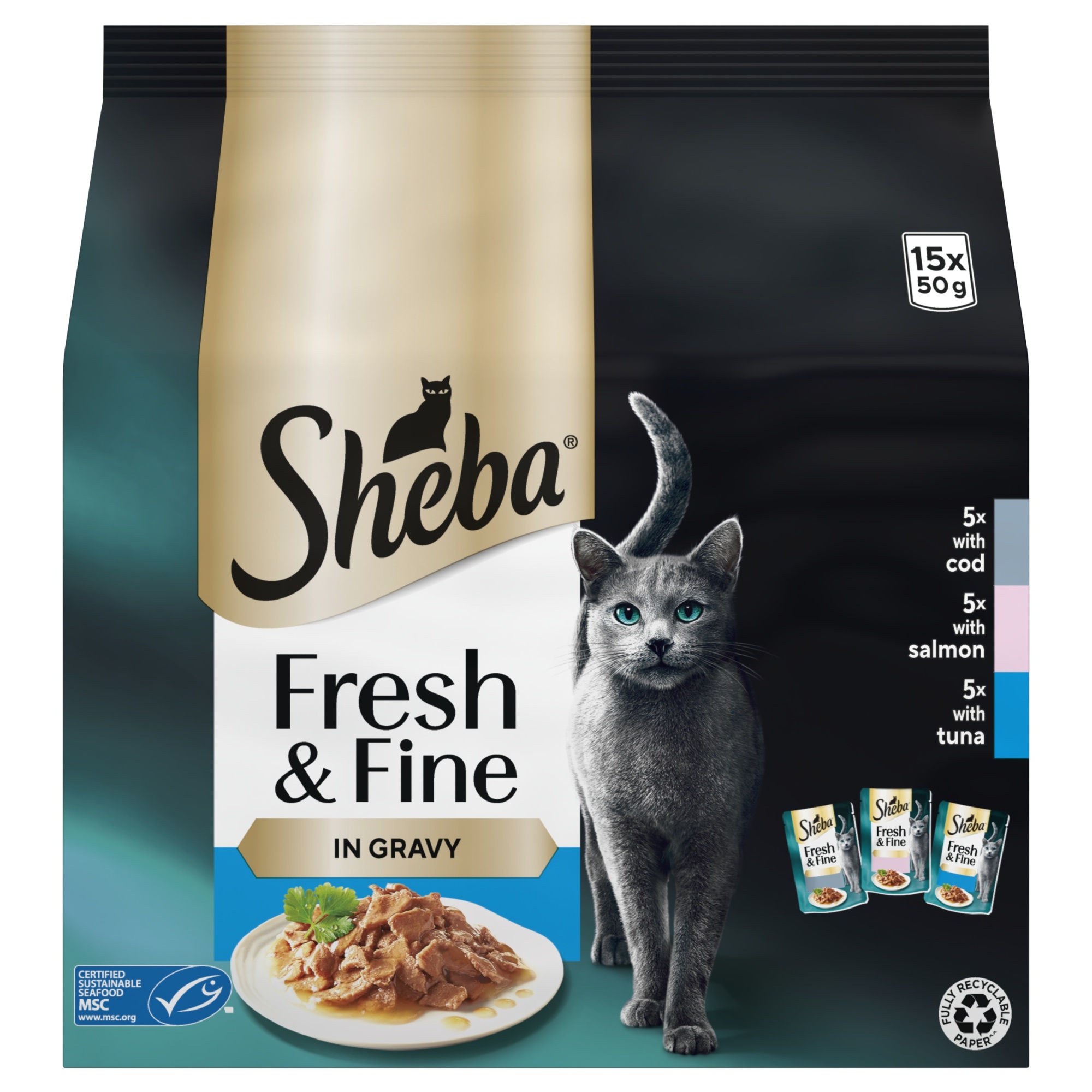 SHEBA Fresh & Fine Wet Cat Food Pouch Fish in Gravy 15 x 50g