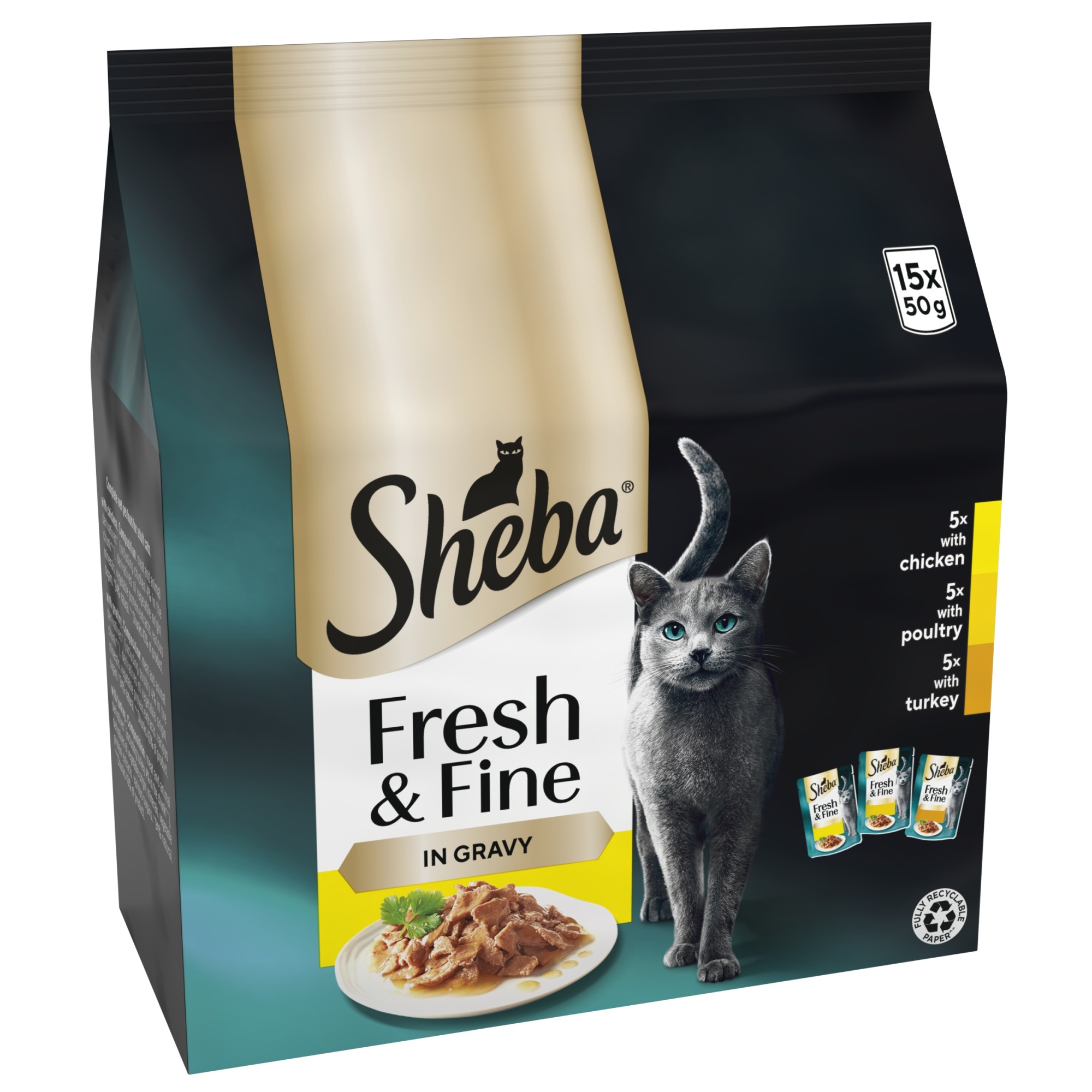 SHEBA Fresh & Fine Wet Cat Food Pouch Poultry in Gravy 15 x 50g