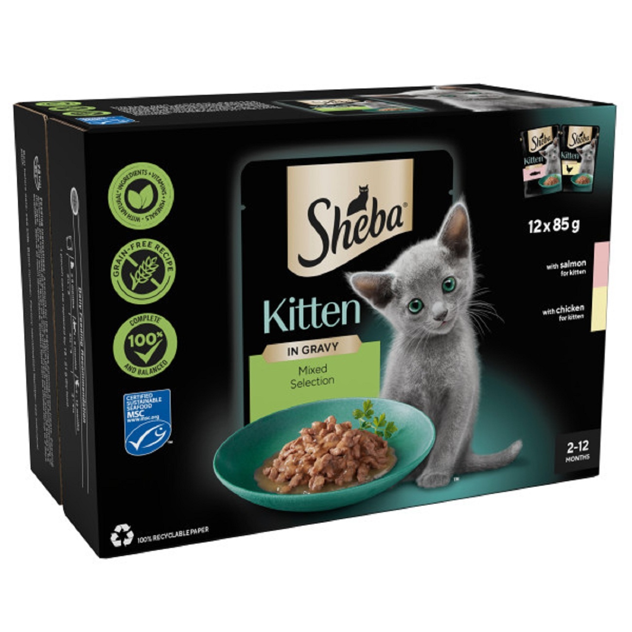 SHEBA Mixed Selection Kitten Wet Cat Food in Gravy 12 x 85g X 4 ( 48 Pouches )